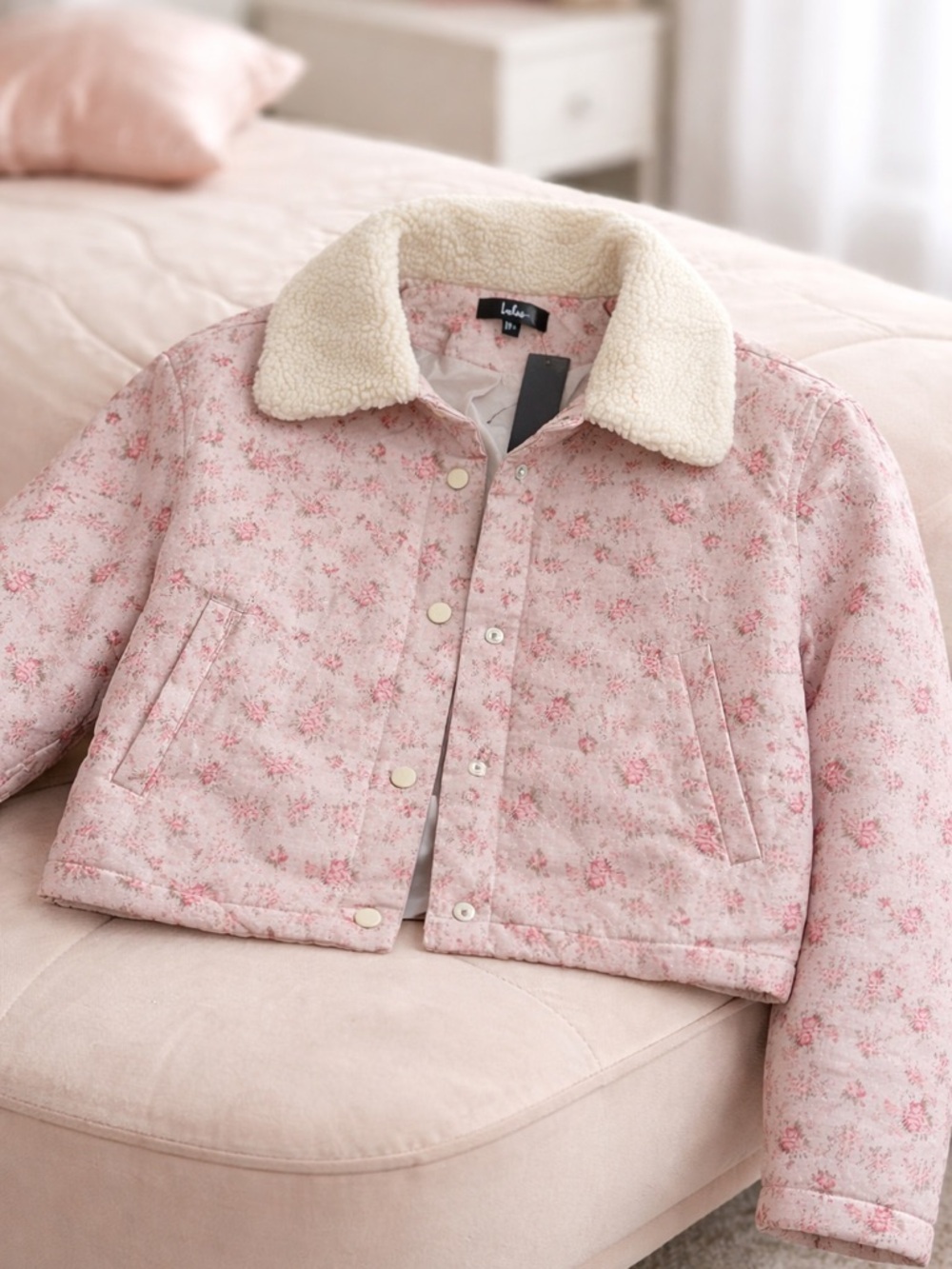 Lulu's Blush Floral Quilted Jacket with Cream Sherpa Collar